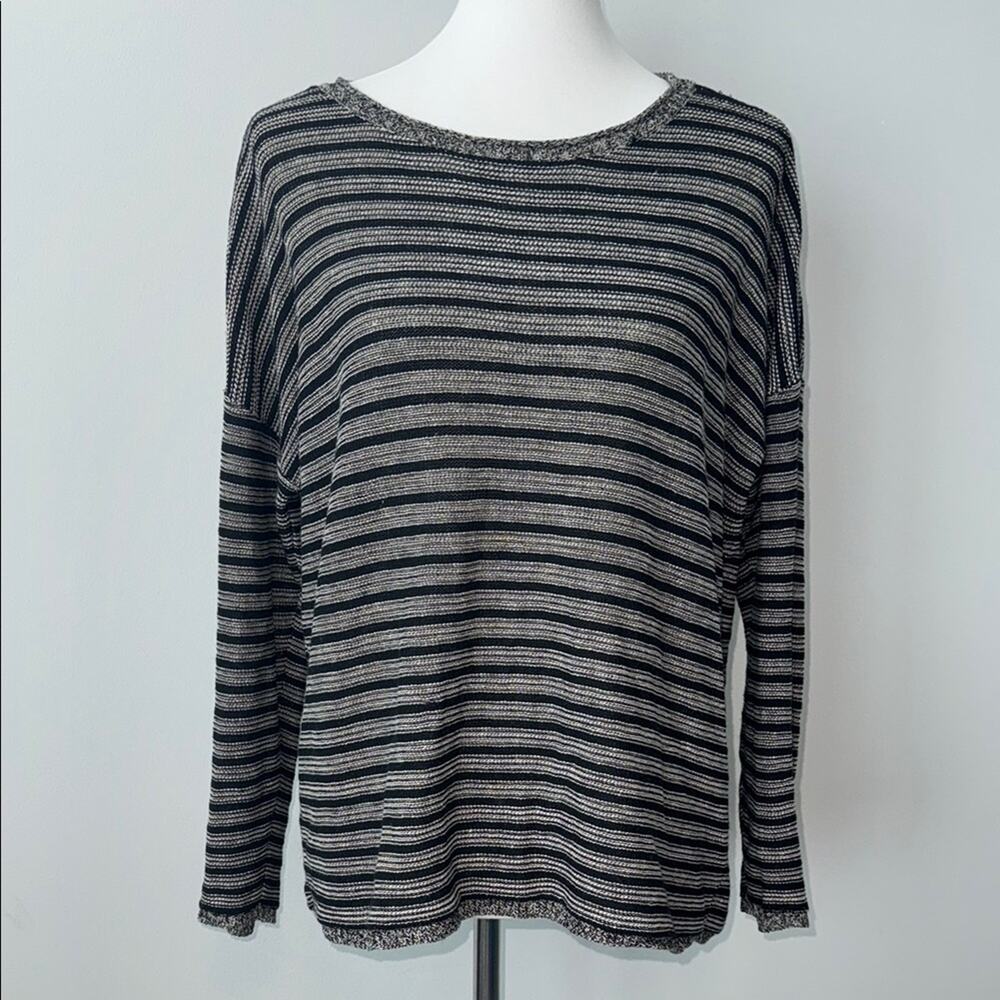 Eileen Fisher Striped Black and Gray Long Sleeve Crewneck Knit Top Women's M